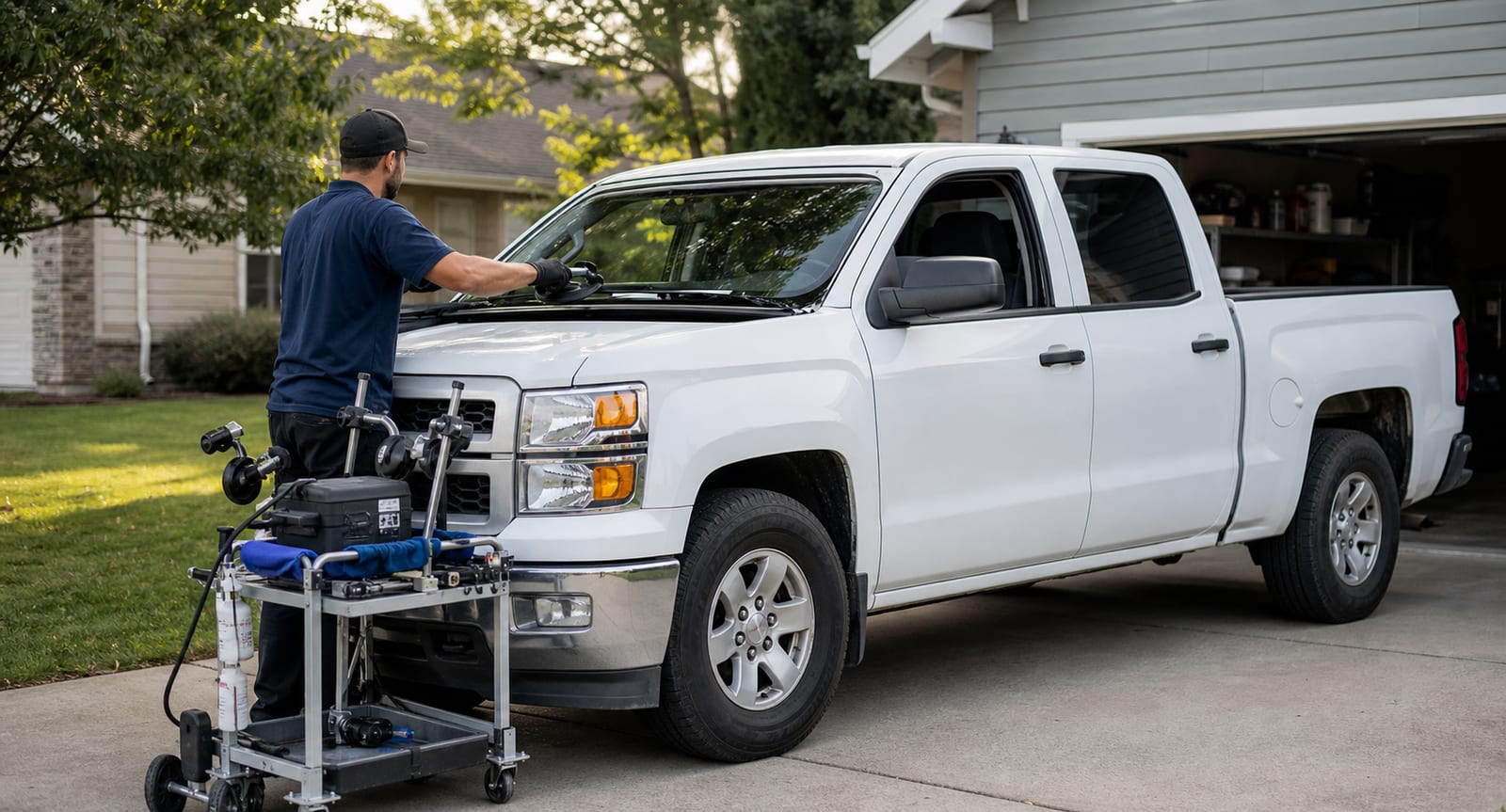 Mobile auto glass technician at a vehicle